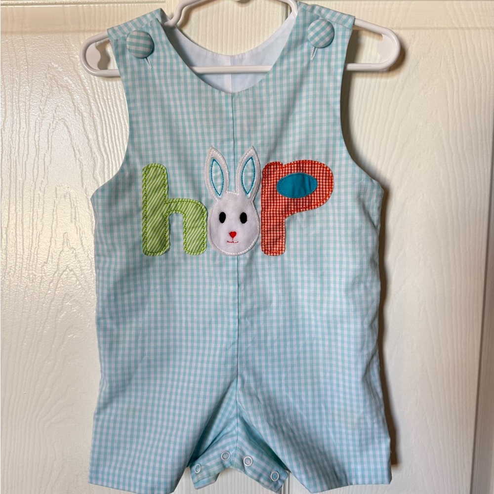 Blue Gingham Baby Romper with Bunny Design